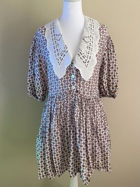 Maje Cream Mini Dress with Brown and Pink Floral Print and Lace Collar